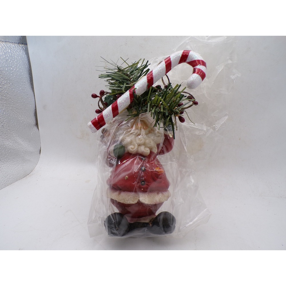 Santa Claus Figurine with Large Candy Cane Pine and Berries Holiday Decor Red